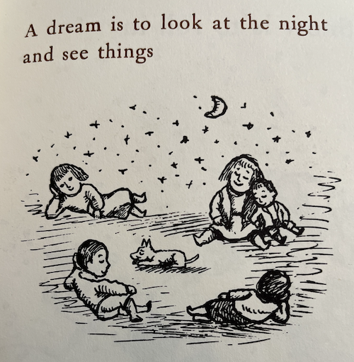 Illustration showing kids resting with the phrase "A dream is to look at the night and see things"