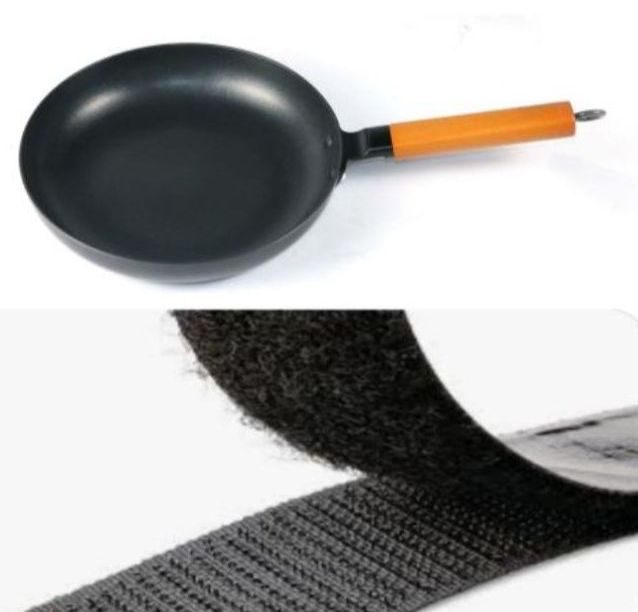 nonstick frying pan and black hook and loop tape